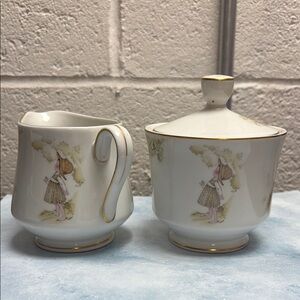 Holly Hobby Vintage Creamer and Sugar Set with Gold Accents